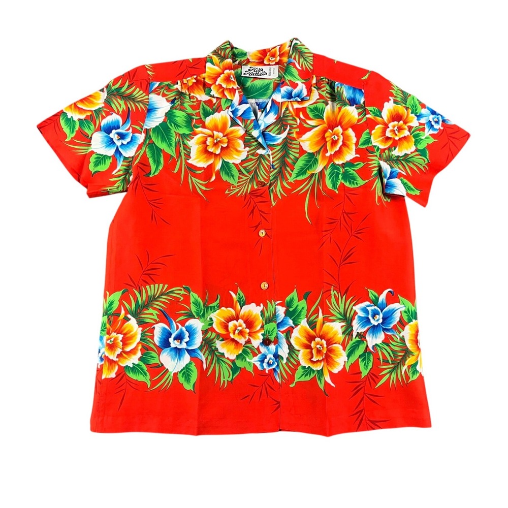 Hilo Hatties Hawaii Red Tropical Floral Short Sleeve Aloha Shirt Mens Medium